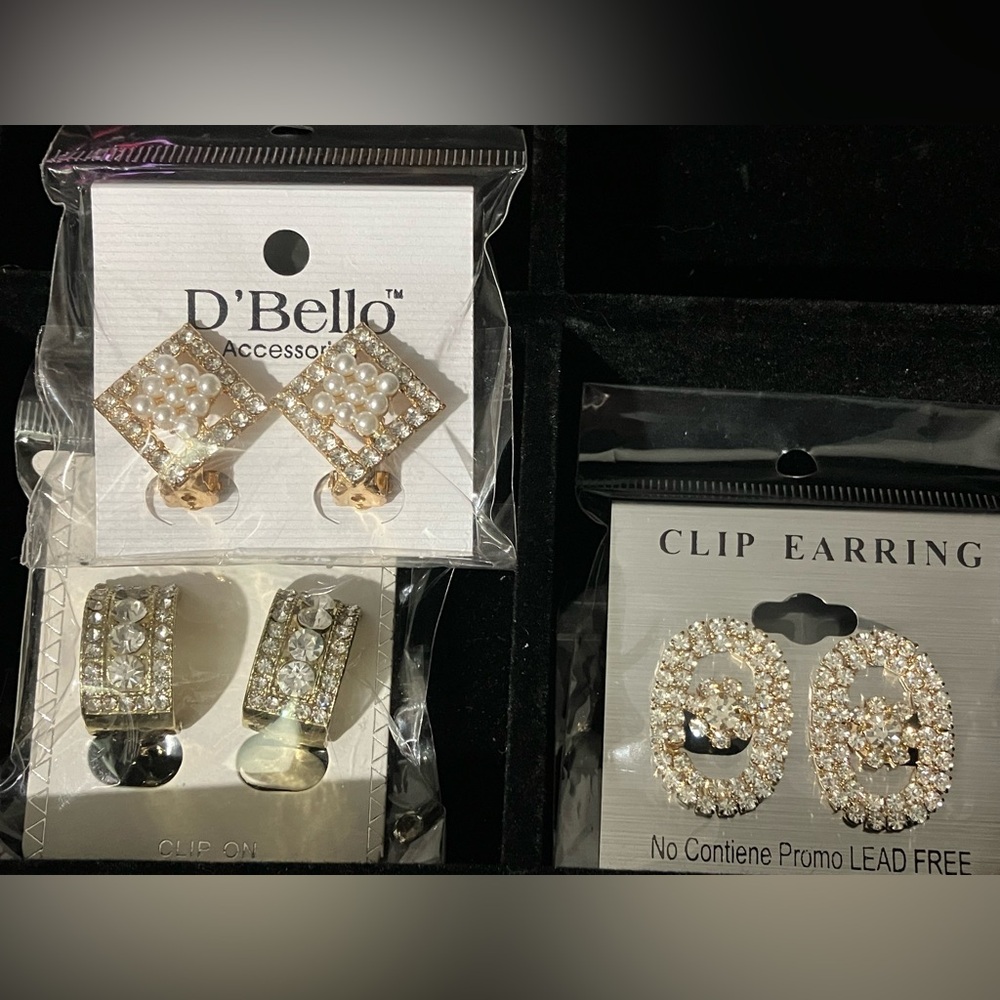 🆕 set of 3 clip D'Bello Pearl/gold, 2  gold/Rhinestone Earrings Set